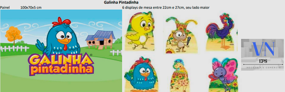 Painel ilustrativo da galinha pintadinha no formato 100x70x5 cm e em 6 displays de mesa entre 22cm e 27cm, seu lado maior.