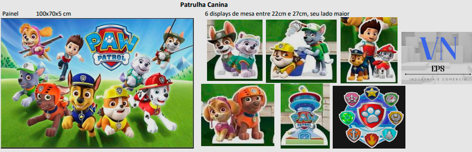 Painel ilustrativo da patrulha canina no formato 100x70x5 cm e em 6 displays de mesa entre 22cm e 27cm, seu lado maior.