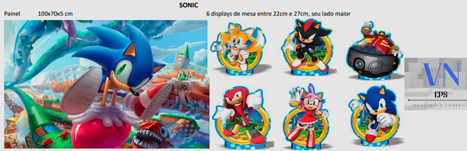 Painel ilustrativo do sonic no formato 100x70x5 cm e em 6 displays de mesa entre 22cm e 27cm, seu lado maior.