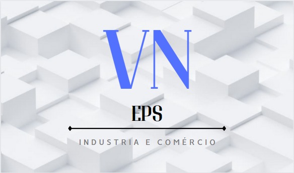 Uma logotipo da VN quadrada com nome VN ao lado esquerdo e cortando uma faixa no meio no lado direito EPS com uma linha separando embaixo e escrito Industria e comércio e embaixo está o telefone de contato (11) 4722-5199 e embaixo o e-mail de contato VNEPS.IND@gmail.com